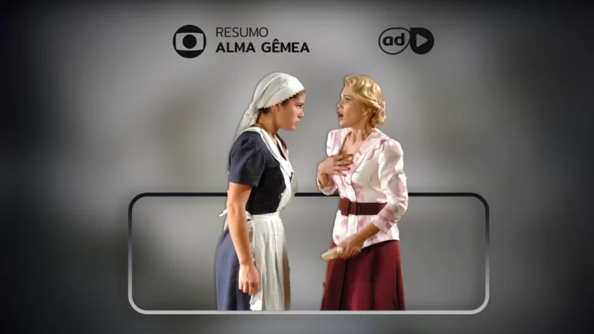 Arte do resumo de Alma Gêmea com Serena e Cristina se encarando