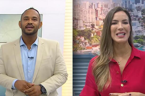 Vanderson Nascimento no Bahia Meio Dia e Jéssica Smetak no Balanço Geral BA. ambos estão sorridentes