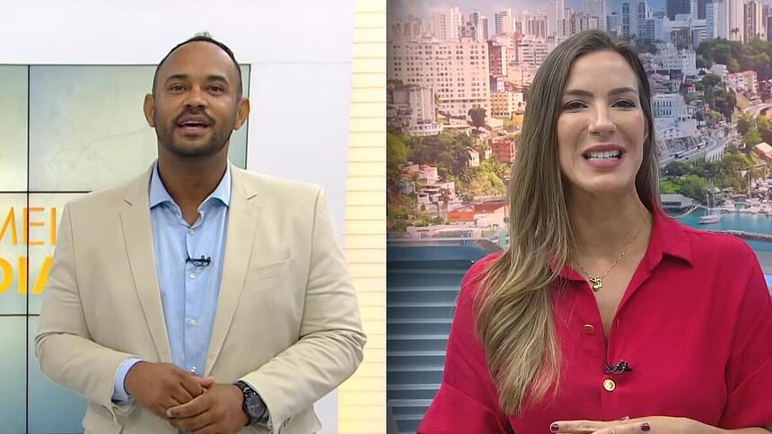 Vanderson Nascimento no Bahia Meio Dia e Jéssica Smetak no Balanço Geral BA. ambos estão sorridentes