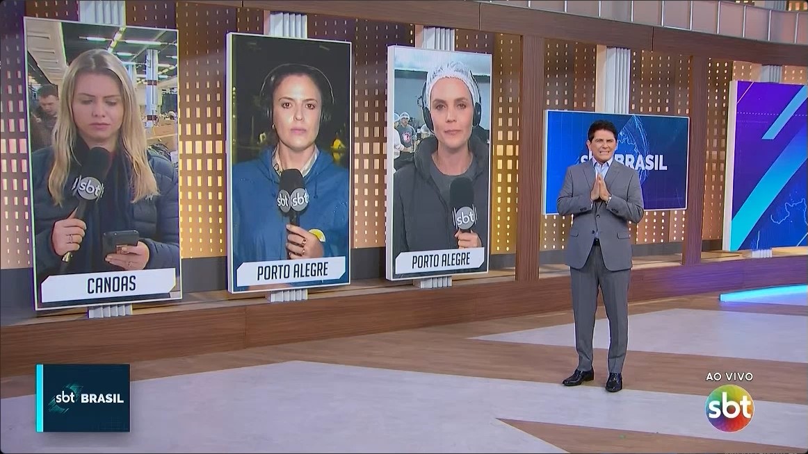 Cesar Filho tece comentários sobre o Rio Grande do Sul enquanto conversa com a repórter no telão do SBT Brasil