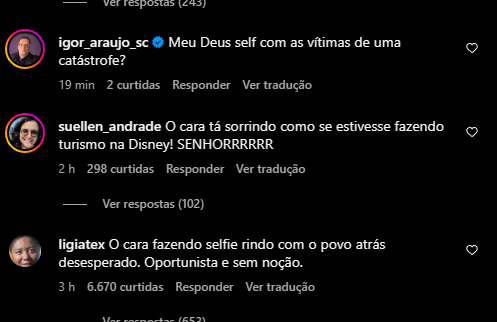 Comentários no Instagram de Davi Brito contra ele ter tirado selfie sorrindo no RS