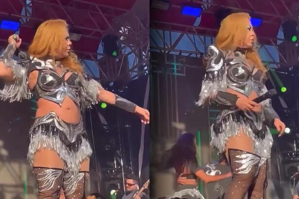 Joelma finge que vai arremessar microfone em show