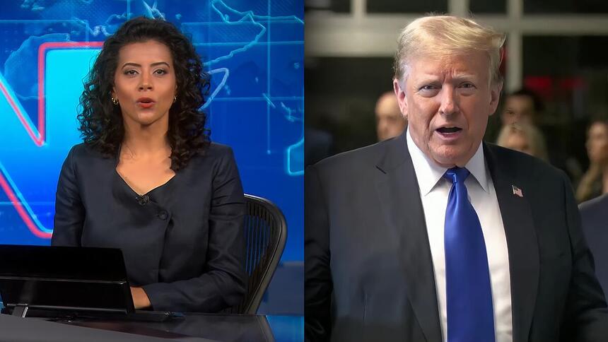 Aline Midlej apresentando o Jornal Nacional dividindo tela com Donald Trump