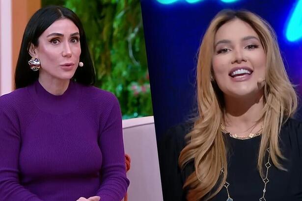 Michelle Barros apresentando o Chega Mais e Virginia sorrindo no Sabadou do SBT