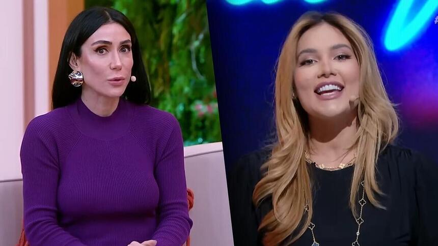 Michelle Barros apresentando o Chega Mais e Virginia sorrindo no Sabadou do SBT