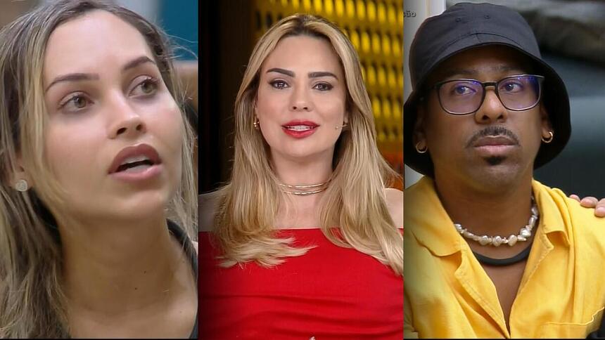 Rachel Sheherazade, de vermelho, conversa com Any e Vinigram na Mansão do A Grande Conquista sobre polêmica de racismo