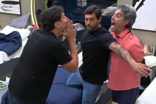 Bruno e Fernando em trecho da treta, com Hadad tentando apaziguar, em A Grande Conquista