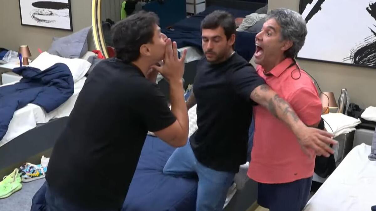 Bruno e Fernando em trecho da treta, com Hadad tentando apaziguar, em A Grande Conquista