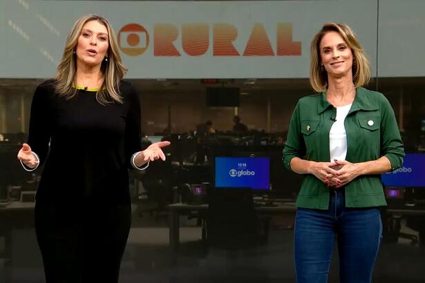 Cristina Vieira e Helen Martins em pé no cenário da chamada do Globo Rural deste domingo 16/06/2024