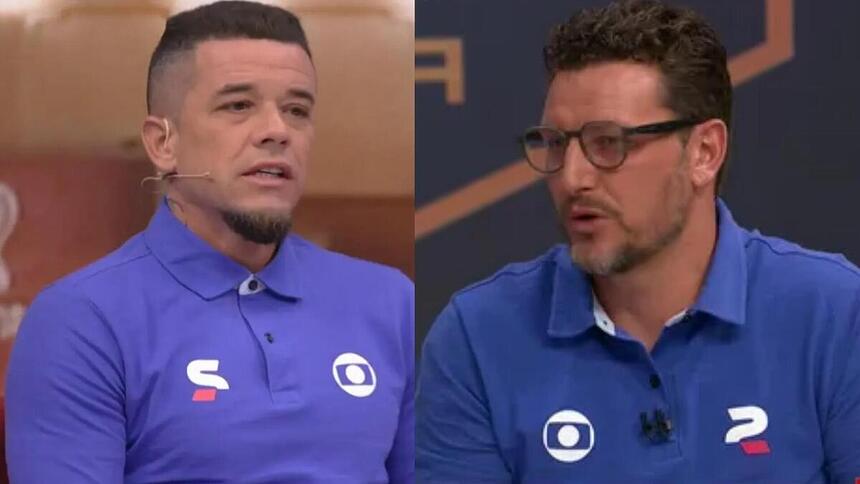 D’Alessandro e Elano, em uma montagem, atuando como comentaristas do SporTV na Copa de 2022