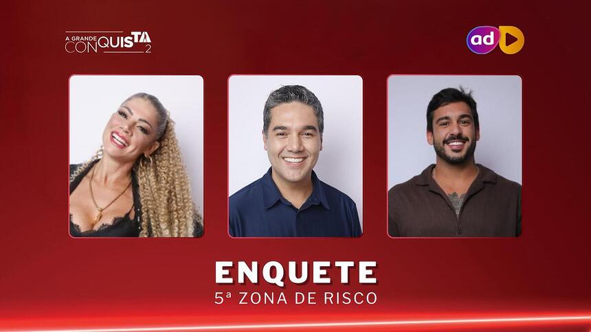 Cátia Paganote, Fernando Sampaio e João Hadad na arte da enquete do A Grande Conquista 2