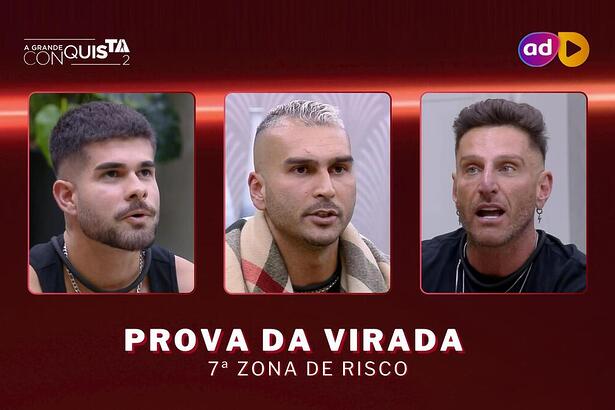 Lucas De Albú, Brenno e Guipa com semblante de surpresa na arte da enquete da 7ª Prova da Virada do A Grande Conquista 2