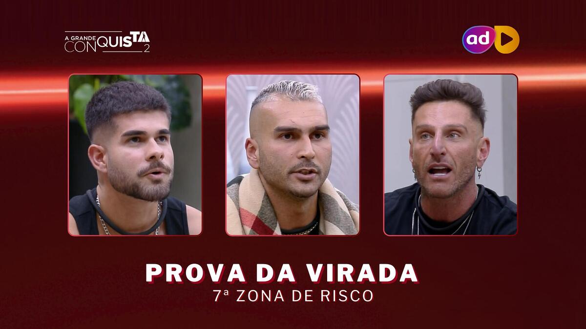 Lucas De Albú, Brenno e Guipa com semblante de surpresa na arte da enquete da 7ª Prova da Virada do A Grande Conquista 2