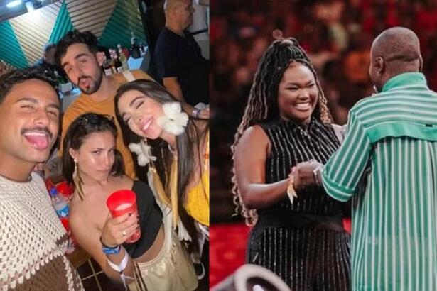 Pizane, Matteus, Giovana e Beatriz no Festival de Parintins, em montagem com Raquele cantando com Thiaguinho