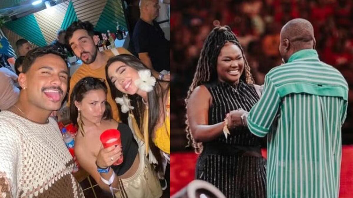 Pizane, Matteus, Giovana e Beatriz no Festival de Parintins, em montagem com Raquele cantando com Thiaguinho