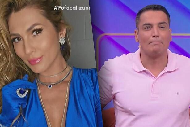 Montagem com Lívia Andrade de blusa azul dividindo tela com Leo Dias de camisa rosa sorrindo no Fofocalizando do SBT