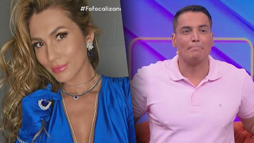 Montagem com Lívia Andrade de blusa azul dividindo tela com Leo Dias de camisa rosa sorrindo no Fofocalizando do SBT