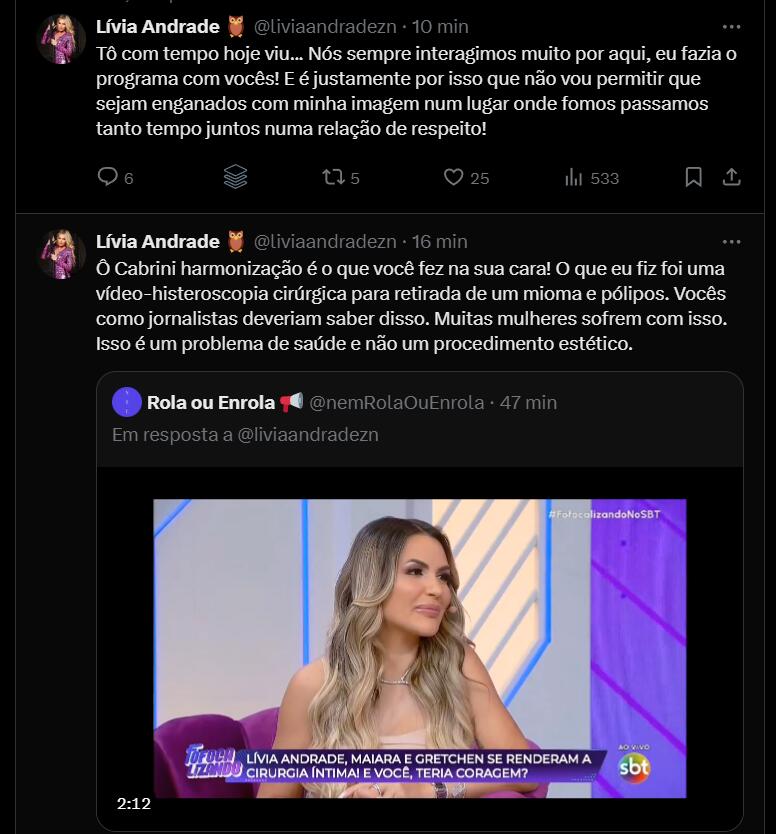 Publicações de Lívia Andrade contra o programa do SBT