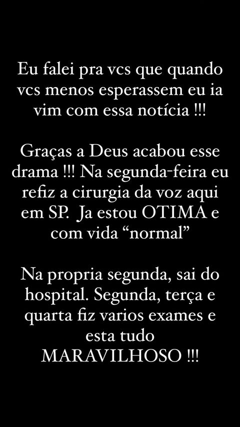 Stories de Maya Massafera falando sobrre a cirurgia de transição vocal 