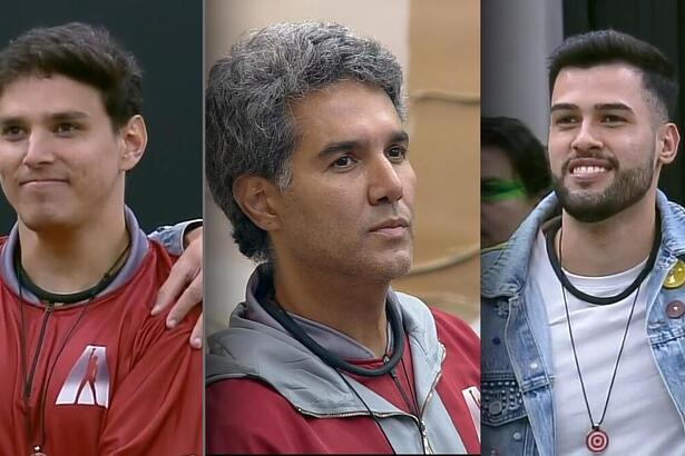 Bruno, Fernando e Kaio na sala da Mansão após confirmação de que estão na 6ª Zona de Risco da Mansão do A Grande Conquista 2