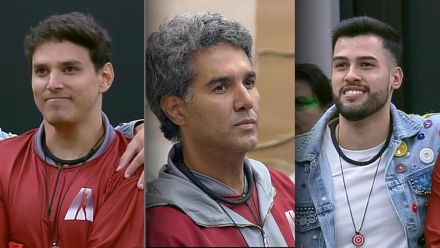 Bruno, Fernando e Kaio na sala da Mansão após confirmação de que estão na 6ª Zona de Risco da Mansão do A Grande Conquista 2