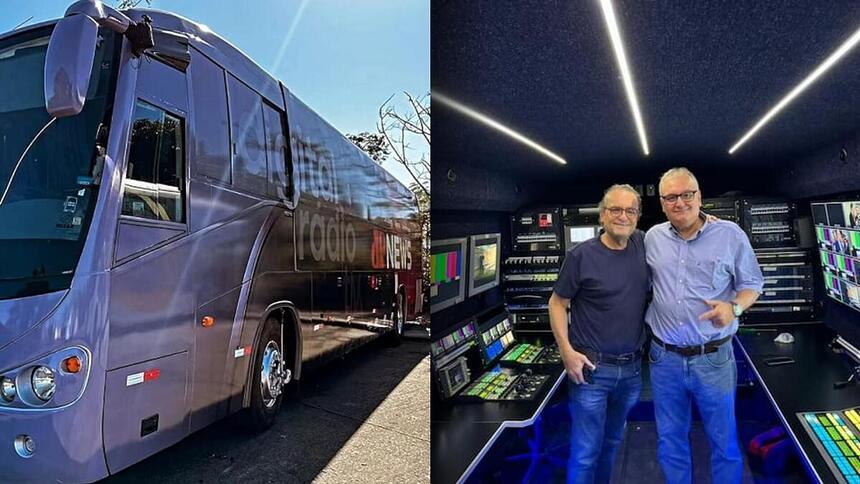 ônibus da Jovem Pan adesivado com selo da empresa. Na segunda imagem os donos da emissora dentro do ônibus.