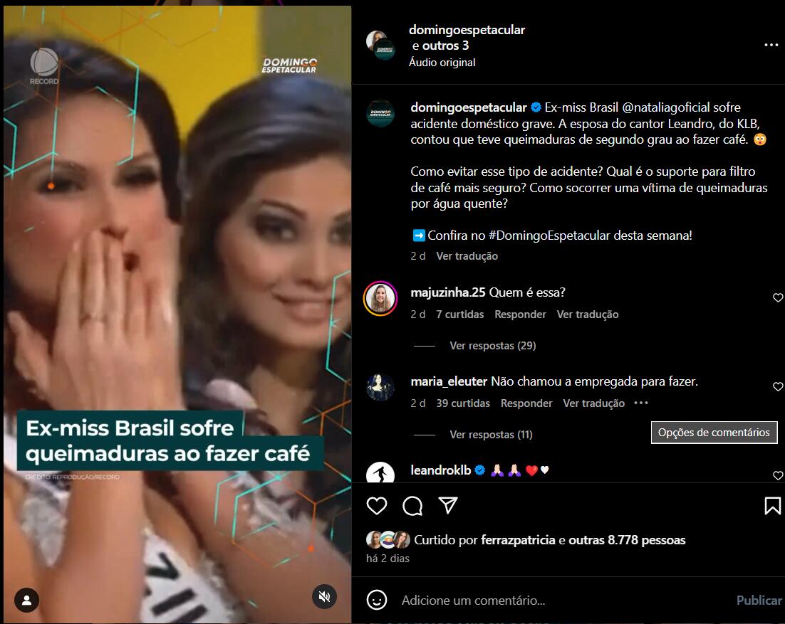 Publicação da reportagem da RECORD no Instagram de Natália