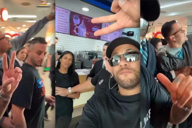 Neymar causando um alvoroço de fãs em um shopping de São Vicente