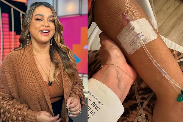 Preta Gil em montagem com uma foto do seu braço recebendo medicamento no hospital