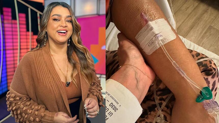 Preta Gil em montagem com uma foto do seu braço recebendo medicamento no hospital