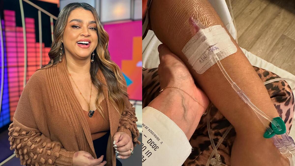Preta Gil em montagem com uma foto do seu braço recebendo medicamento no hospital