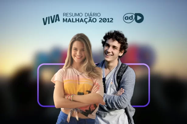 Protagonistas da novela Malhação 2012 na arte do resumo da novela no canal VIVA