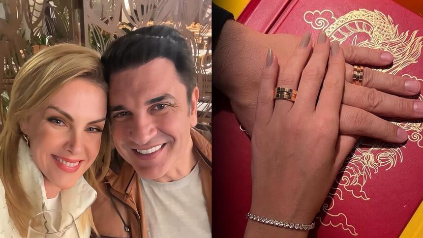 Ana Hickmann e Edu Guedes sorrindo ao lado do par de alianças nas mãos