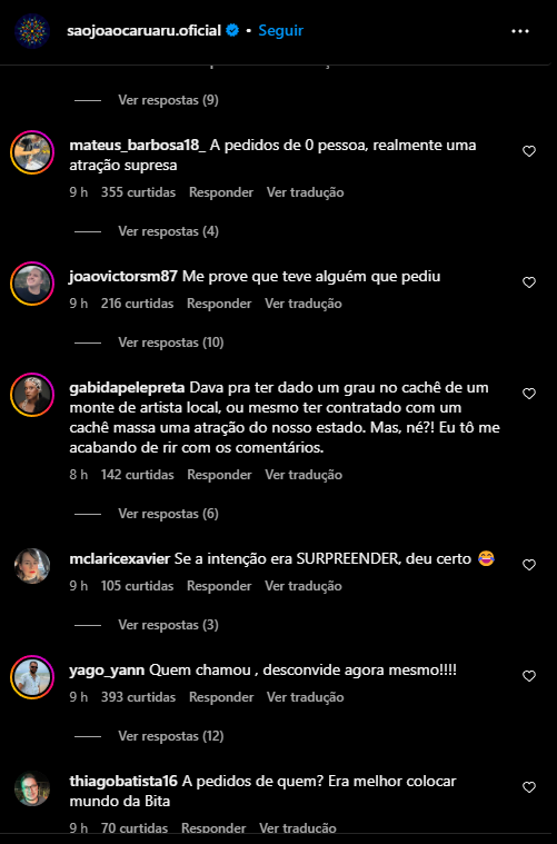 Comentários do público sobre a escolha de Latino no São João de Caruaru