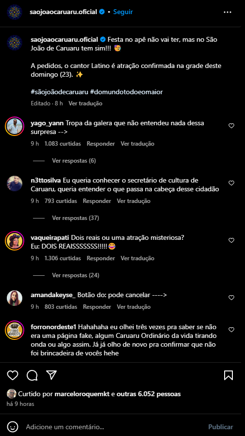 Comentários do público sobre a escolha de Latino no São João de Caruaru