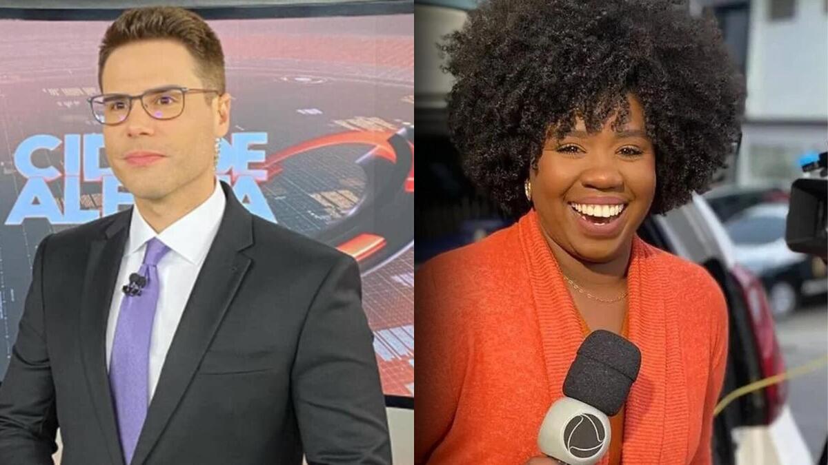 Luiz Bacci com óculos de grau no cenário do Cidade Alerta e Naiara Oliveira sorrindo com microfone da RECORD na mão