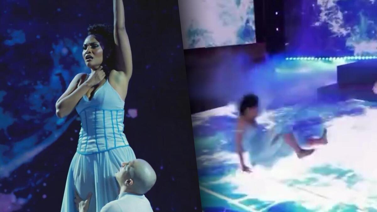 Barbara Reis no chão, após cair na Dança dos Famosos