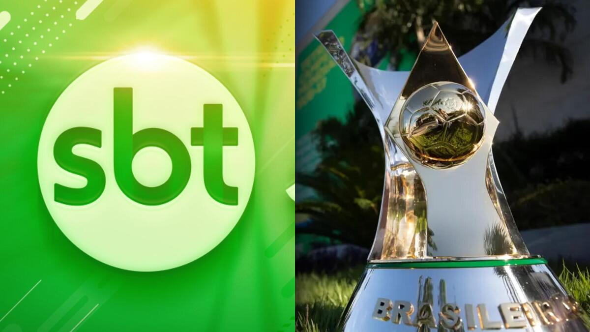 Logo do SBT Sports ao lado da taça do Brasileirão