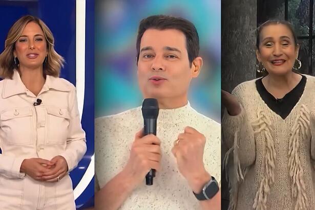 Ticiane Pinheiro, Celso Portiolli e Sonia Abrão sorridentes no comercial da Havan exibido na Globo