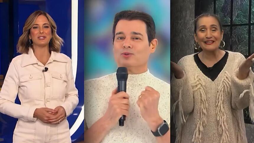 Ticiane Pinheiro, Celso Portiolli e Sonia Abrão sorridentes no comercial da Havan exibido na Globo