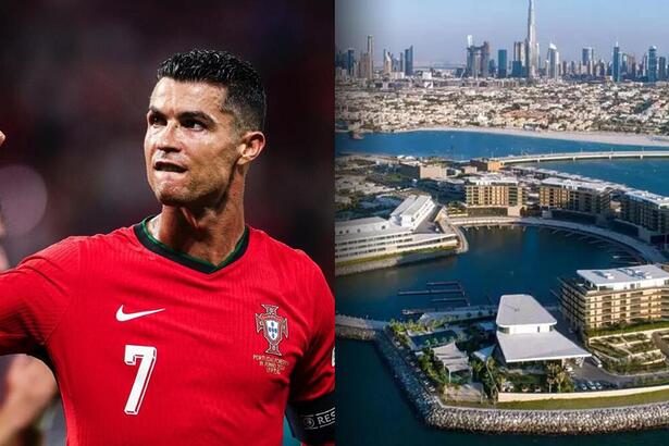 Cristiano Ronaldo ao lado da Ilha de Bilionários em uma montagem