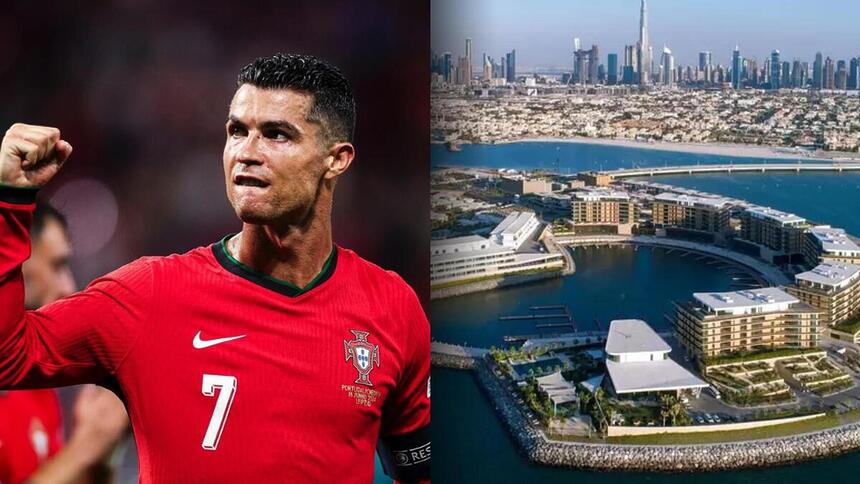 Cristiano Ronaldo ao lado da Ilha de Bilionários em uma montagem