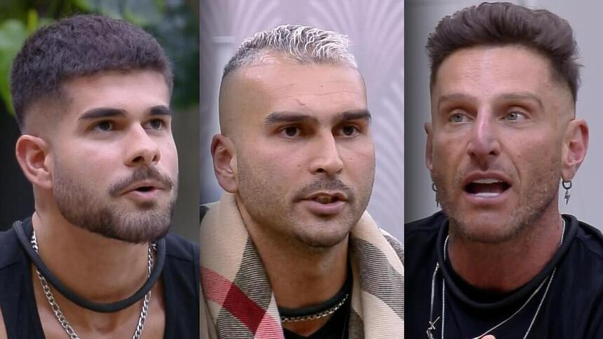 Lucas De Albú, Brenno e Guipa sentados no sofá do A Grande Conquista 2 na formação da 7ª Zona de Risco