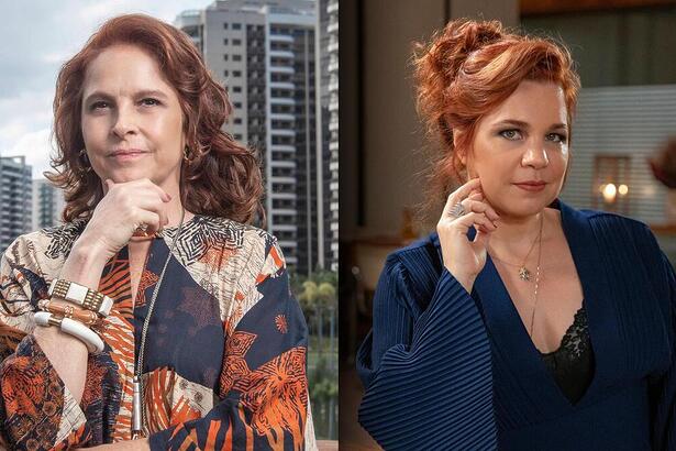 Drica Moraes com a mão na boca e Isabel Teixeira com a mão na nuca em bastidores de gravações na TV Globo