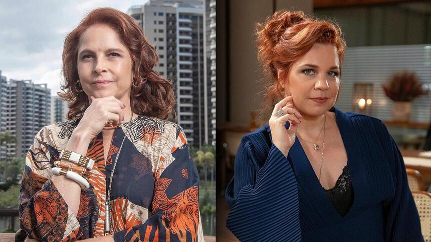 Drica Moraes com a mão na boca e Isabel Teixeira com a mão na nuca em bastidores de gravações na TV Globo