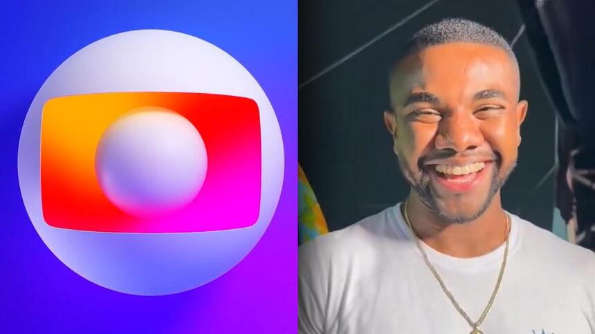 Montagem com o logo da TV Globo ao lado de Davi Brito sorrindo