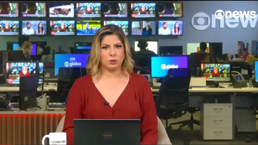 Daniela Lima de roupa vermelha no cenário da GloboNews São Paulo