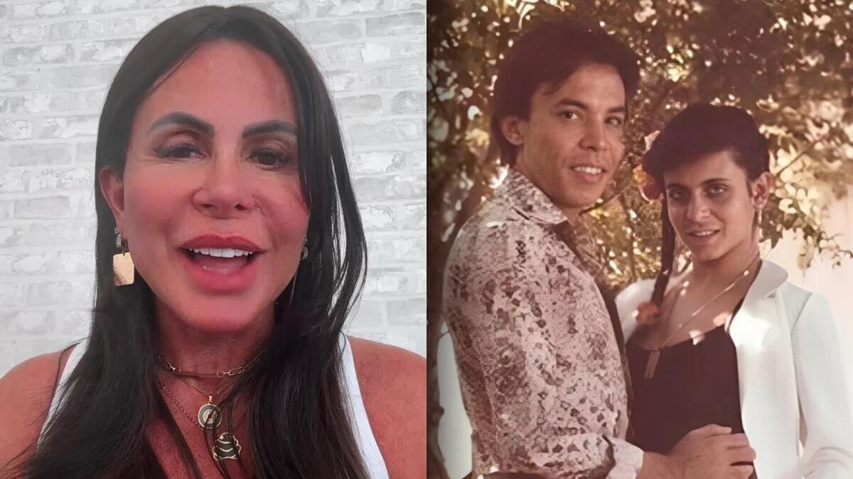 Chrystian abraçado a Gretchen em foto antiga próximo ao uma árvore