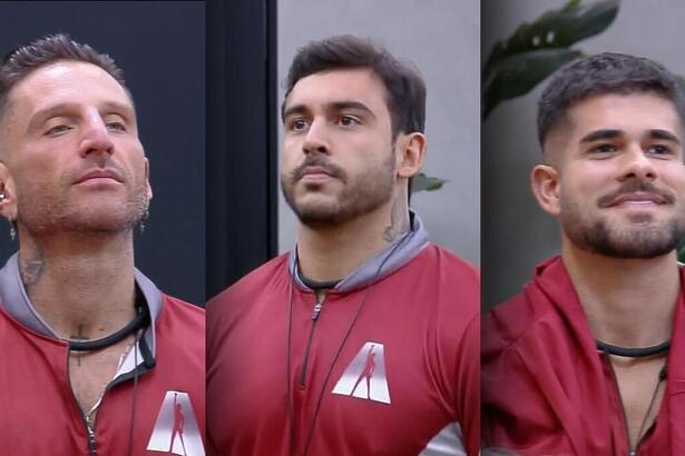 Guipa, Hadad e Lucas De Albú olham para o telão do A Grande Conquista em conversa com Rachel Sheherazade