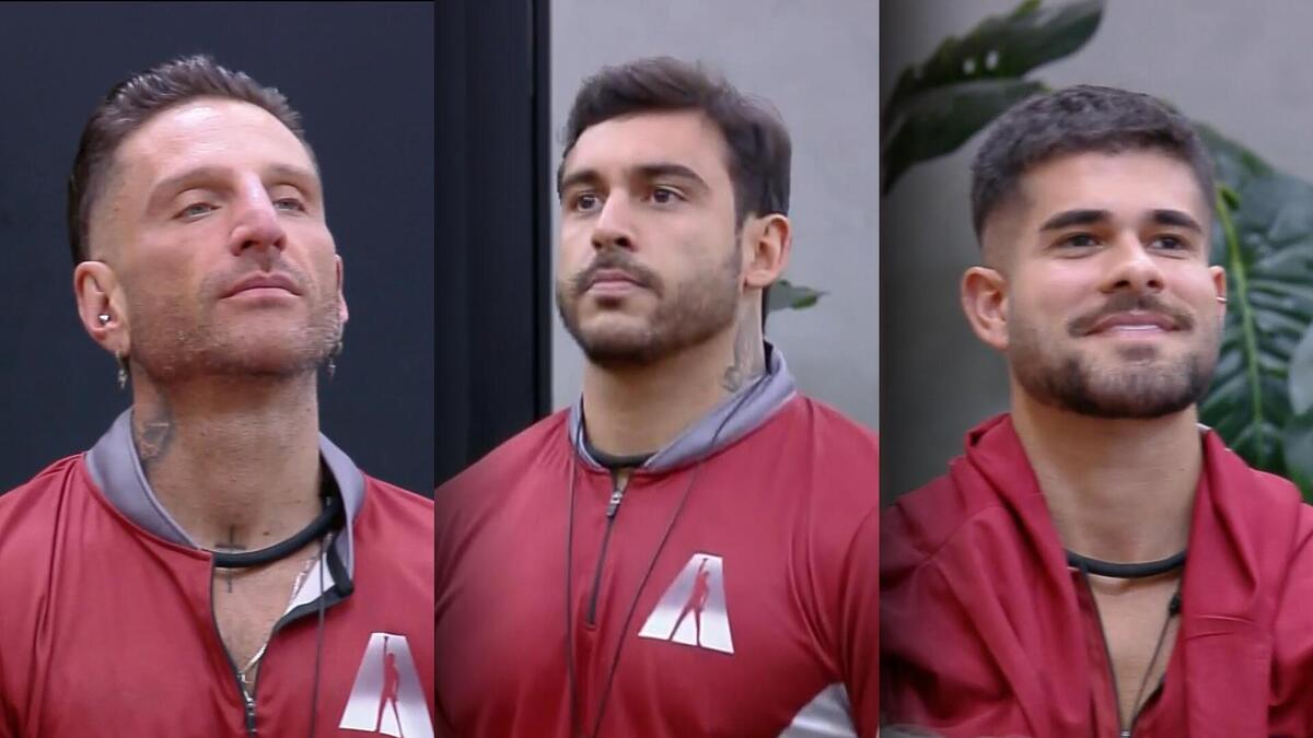 Guipa, Hadad e Lucas De Albú olham para o telão do A Grande Conquista em conversa com Rachel Sheherazade